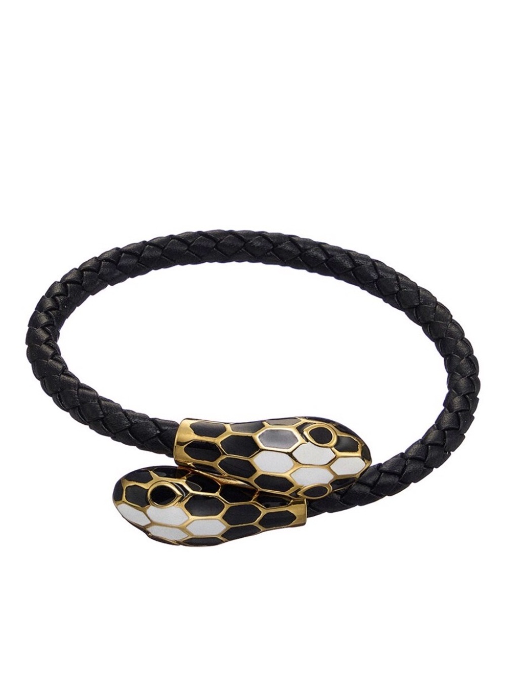 Black Braided Leather Snake-Head Bracelet with Gold Accents